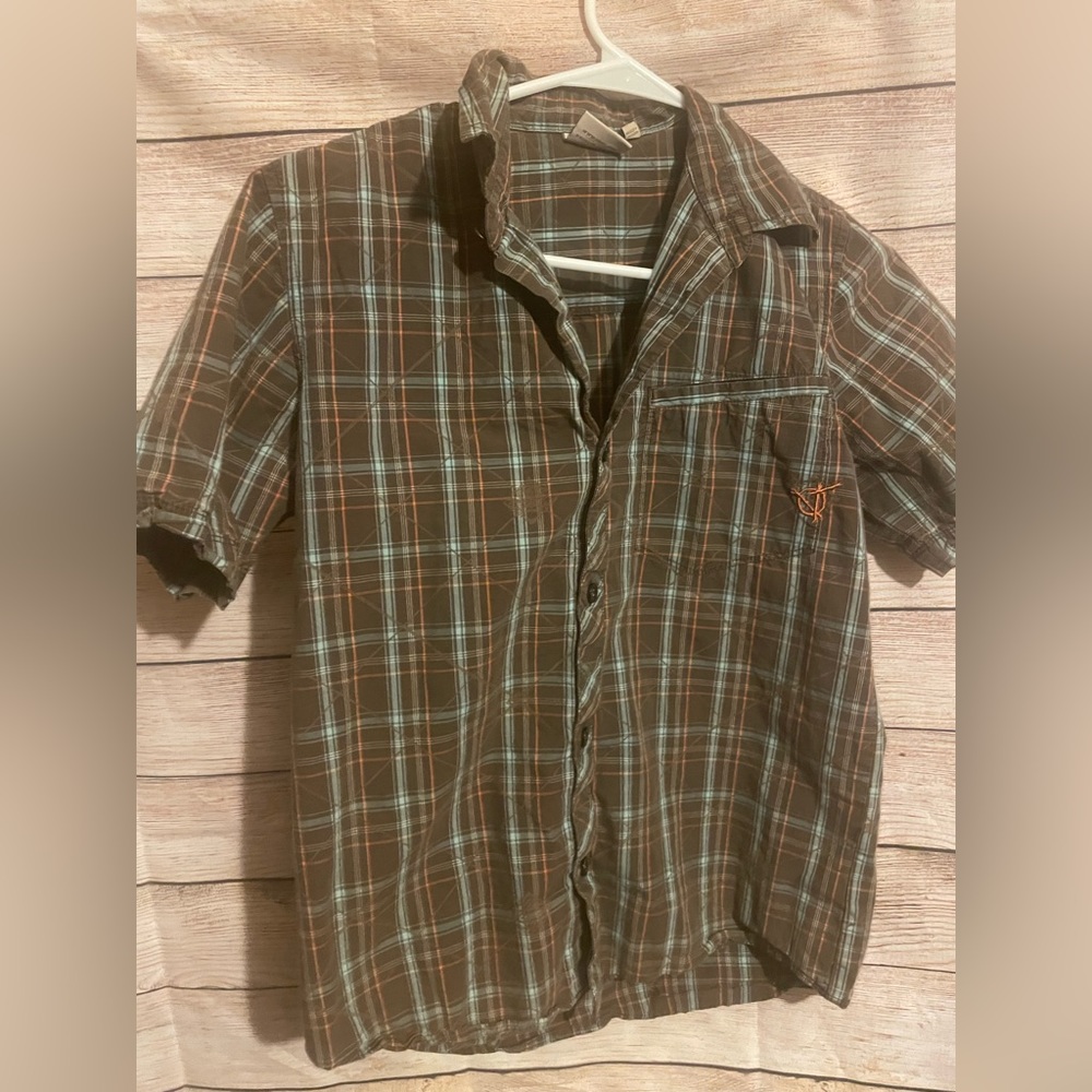 Youth Van button down. Brown plaid. Size large